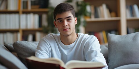 A young man is sitting on a couch with a book in his lap. He is smiling and looking at the camera. Concept of relaxation and leisure, as the man is enjoying his time reading