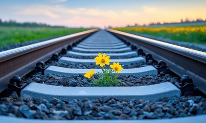 A vibrant flower grows between railway tracks, symbolizing resilience and beauty in unexpected places during sunset.