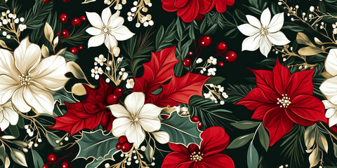 Wall Mural - Traditional red and green holiday florals with touches of white blossoms and shiny gold highlights, seamless pattern