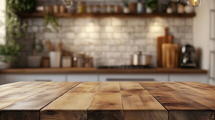 Wall Mural - Space for product montage on wooden table top over blurred kitchen counter interior background. Generative ai