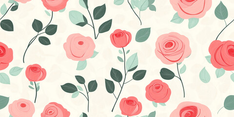 Wall Mural - Bold roses, whimsical stems, and pastel hues with pink, mint, and cream, seamless pattern