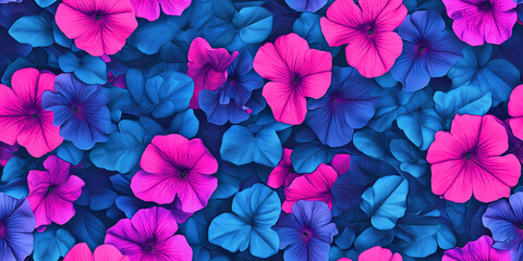 Poster - Bright petunias with lush leaves in electric blue and hot pink, seamless pattern