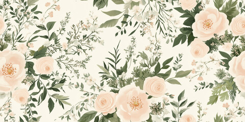 Poster - Dreamy combination of pale pink florals and lush greenery, perfect for an elegant, timeless celebration, seamless pattern