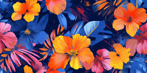 Poster - Flowers with fragmented petals and dynamic compositions in bold, contrasting colors, seamless pattern