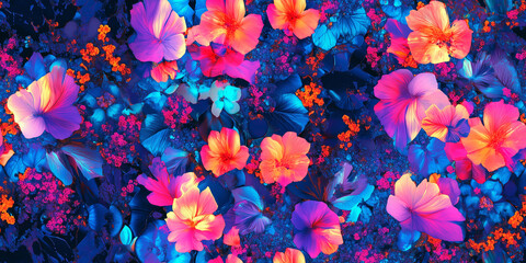 Poster - Fragmented floral elements in neon hues mixed with geometric shapes and digital noise, seamless pattern