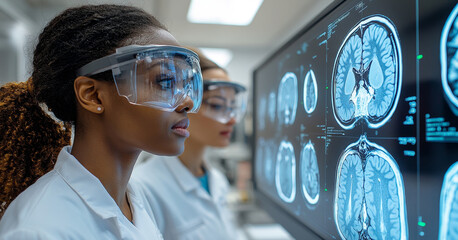 Poster - Two healthcare workers examine brain scans on a monitor in a well-lit lab setting.