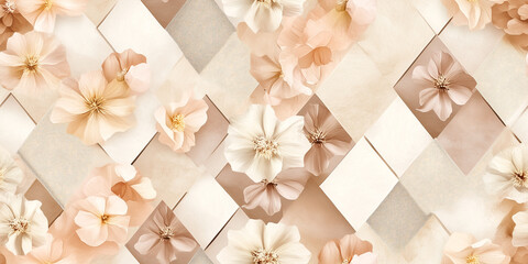 Wall Mural - Repeating diamond shapes filled with delicate flowers in soft, earthy tones, seamless pattern