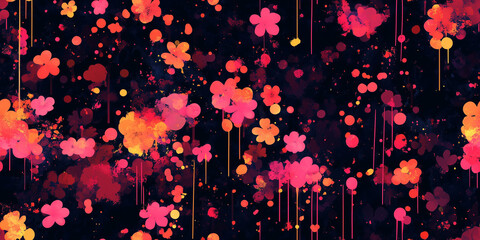 Wall Mural - Scattered flower-like shapes with dripping paint effects on a dark background, seamless pattern