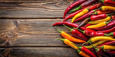 Wall Mural - Red and yellow hot chili peppers on a rustic wooden background, spicy, vibrant, organic, ingredient, cooking, food, flavor