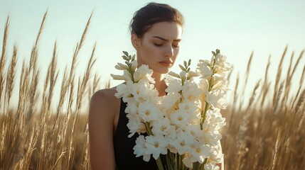 Wall Mural - Woman holding white flowers in a golden field during sunset