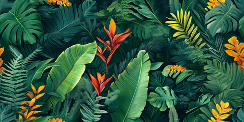 Banana leaves, tropical ferns, and heliconias in a vibrant array, seamless pattern