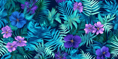 Poster - Bold, tropical fern patterns with vibrant blue and purple flowers, creating a lively, exotic feel, seamless pattern