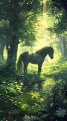 Wall Mural - Black Horse in a Sun-Dappled Forest.