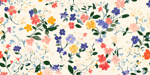 Wall Mural - Bright, tiny blossoms and leaves in a playful assortment of colors, evoking a nostalgic feel, seamless pattern