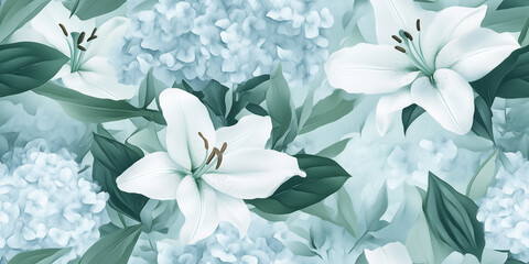 Wall Mural - Crisp white lilies and pale blue peonies with frosty green leaves, radiating a cool, elegant vibe, seamless pattern