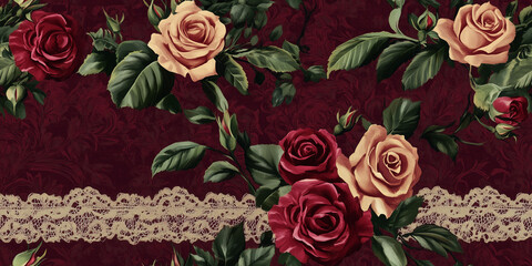 Wall Mural - Ivory lace with small red roses and green leaves on a rich burgundy fabric, seamless pattern