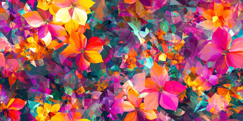 Poster - Explosive, colorful blooms with fragmented petals in an energetic scene, seamless pattern