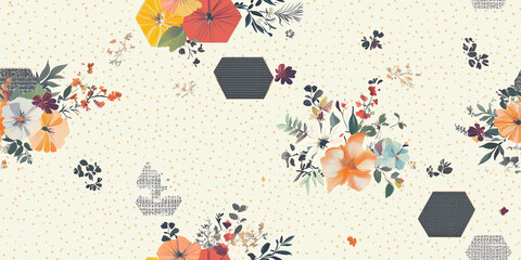 Wall Mural - Hexagons filled with intricate floral designs, placed on a light background with subtle polka dots, seamless pattern