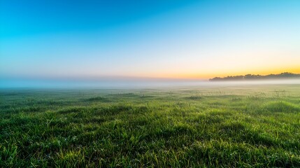 Wall Mural - Ethereal Morning Mist Enveloping Tranquil Grassland Landscape at Sunrise