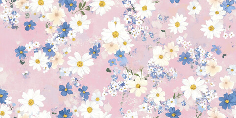 Wall Mural - Playful mix of small daisies and forget-me-nots, sprinkled across a soft pastel background, seamless pattern