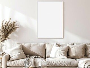 Wall Mural - A beige sofa and coffee table complement the elegant frame mockup in the living room