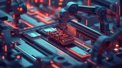 Aufkleber - A futuristic AI-powered factory with robotic arms building complex machinery, symbolizing automation and efficiency, flat design illustration