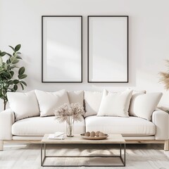 Wall Mural - Two wooden frame mockups add style to a beige sofa living room with daylight