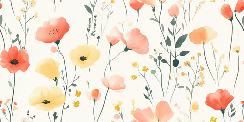 Whimsical meadow flowers in a light, airy design, with a mix of warm and cool tones, seamless pattern