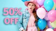 © Inlovehem - Young woman in colorful clothing and hat, with balloons, excited about 50% off sale on blue and pink background.