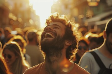 People is bathed in warm rim light from the sun, with a soft, blurred street backdrop glowing in warm twilight tones.