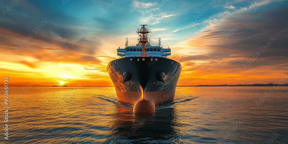 Cargo Ship at Sunset: A majestic cargo ship cuts through the ocean ...