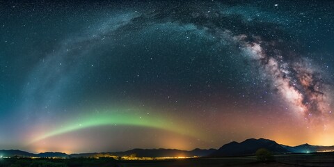A beautiful night sky with a large, glowing green aurora in the foreground. The sky is filled with stars and the Milky Way