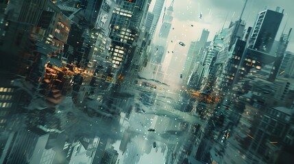 Poster - A surreal cityscape where the buildings and streets are melting and shifting, with keyframes colliding and merging into one another, creating a chaotic and glitchy urban environment