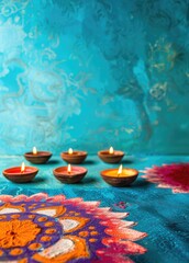 Wall Mural - A festive display of colorful clay oil lamps, or diya, lit during the Hindu festival Diwali.