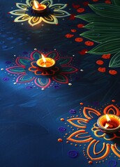 Wall Mural - A festive display of colorful clay oil lamps, or diya, lit during the Hindu festival Diwali.