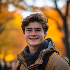 Wall Mural - Portrait of a smiling man with fall city foliage background 