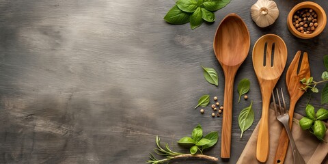 Wall Mural - Rustic kitchen utensils and fresh herbs arranged on a textured wooden surface creating a homely vibe.