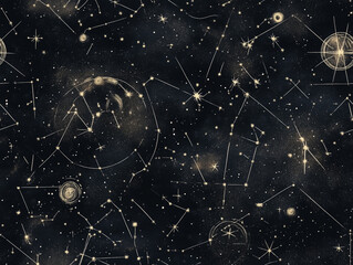 hand-drawn celestial maps with stars and constellation lines on a dark, textured surface, seamless p