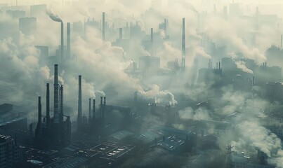 Wall Mural - Urban landscapes shrouded in smog, where towering factories loom over neighborhoods, illustrating the toll of industrial emissions on air quality