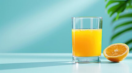 A refreshing glass of orange juice with a half-cut orange on a blue background, ideal for breakfast and health concepts.