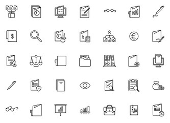 Set Of Linear Business And Management In Filled Style Icons Collection Isolated Silhouette Solid Icons Including Sales-Report,Vision,File,Bill,Document Set Vector Flat Line Icons