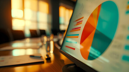 Poster - A vibrant pie chart displayed on a screen in a sunlit meeting room, symbolizing data analysis and business strategy discussions.