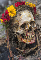 Wall Mural - old human skull with flowers