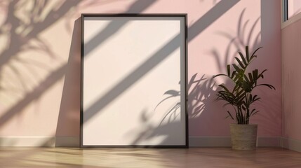 Wall Mural - A tranquil room features gentle sunlight casting shadows on soft pink walls, highlighting a blank canvas and a lush green plant in the corner