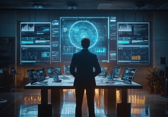 businessman in a high-tech boardroom, surrounded by holographic data screens showing strategic planning, market analysis, and future projections