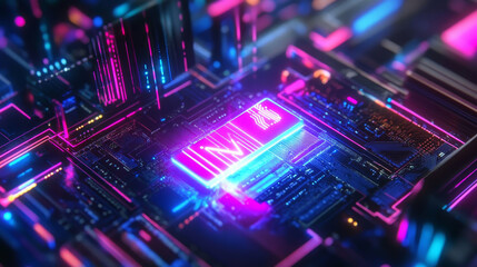 Wall Mural - AI word displayed on a microchip with colorful light spreading and a strong beam. AI concept with a copyspace banner background.