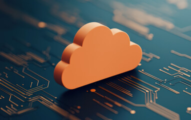 Poster - Abstract orange cloud icon on a blue circuit board, symbolizing cloud computing and digital technology in a futuristic scene.