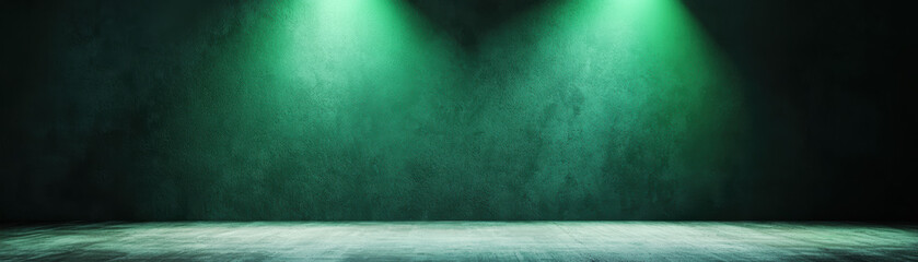 Poster - Empty dark green concrete room with spotlight, highlighting textured wall and floor, modern architectural background