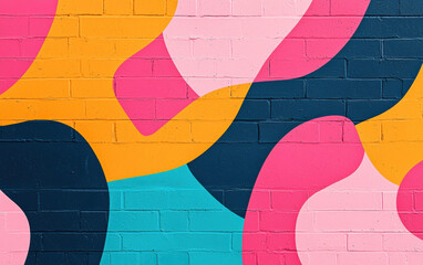 Poster - colorful abstract mural on a brick wall featuring geometric shapes in vibrant hues of pink, yellow, 