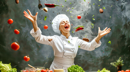 A joyful female chef in white clothes tosses fresh vegetables and cutlery into the air, celebrating her culinary creations in a dark kitchen